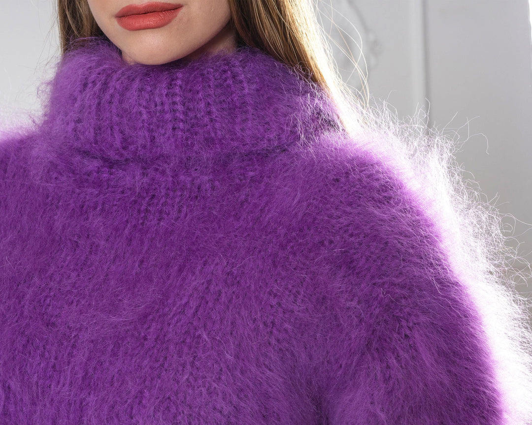 Hand Knitted Purple Mohair Sweater, Chunky Fluffy Turtleneck Jumper, Oversized Warm Pullover T983