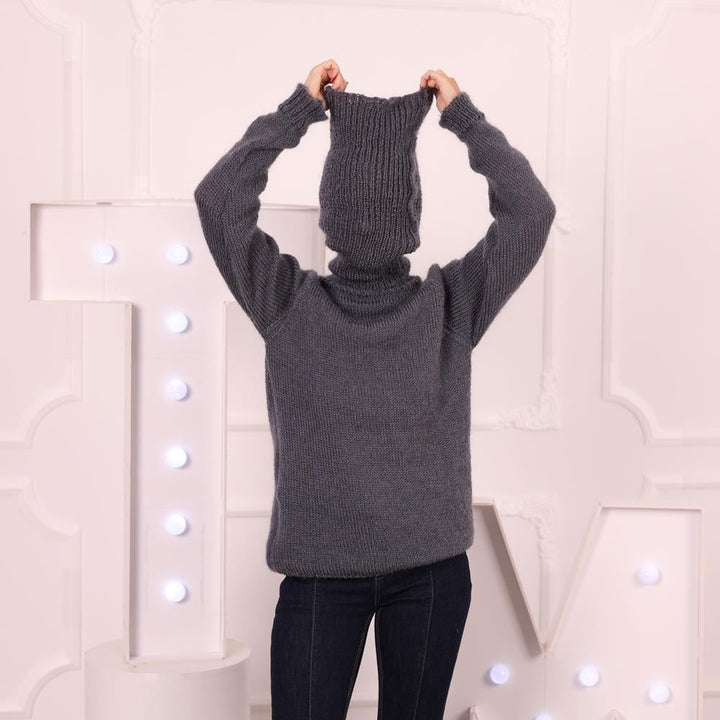 Grey Mohair Turtleneck Sweater – Hand-Knitted Extra-Long 55 cm Collar Soft Pullover T2020