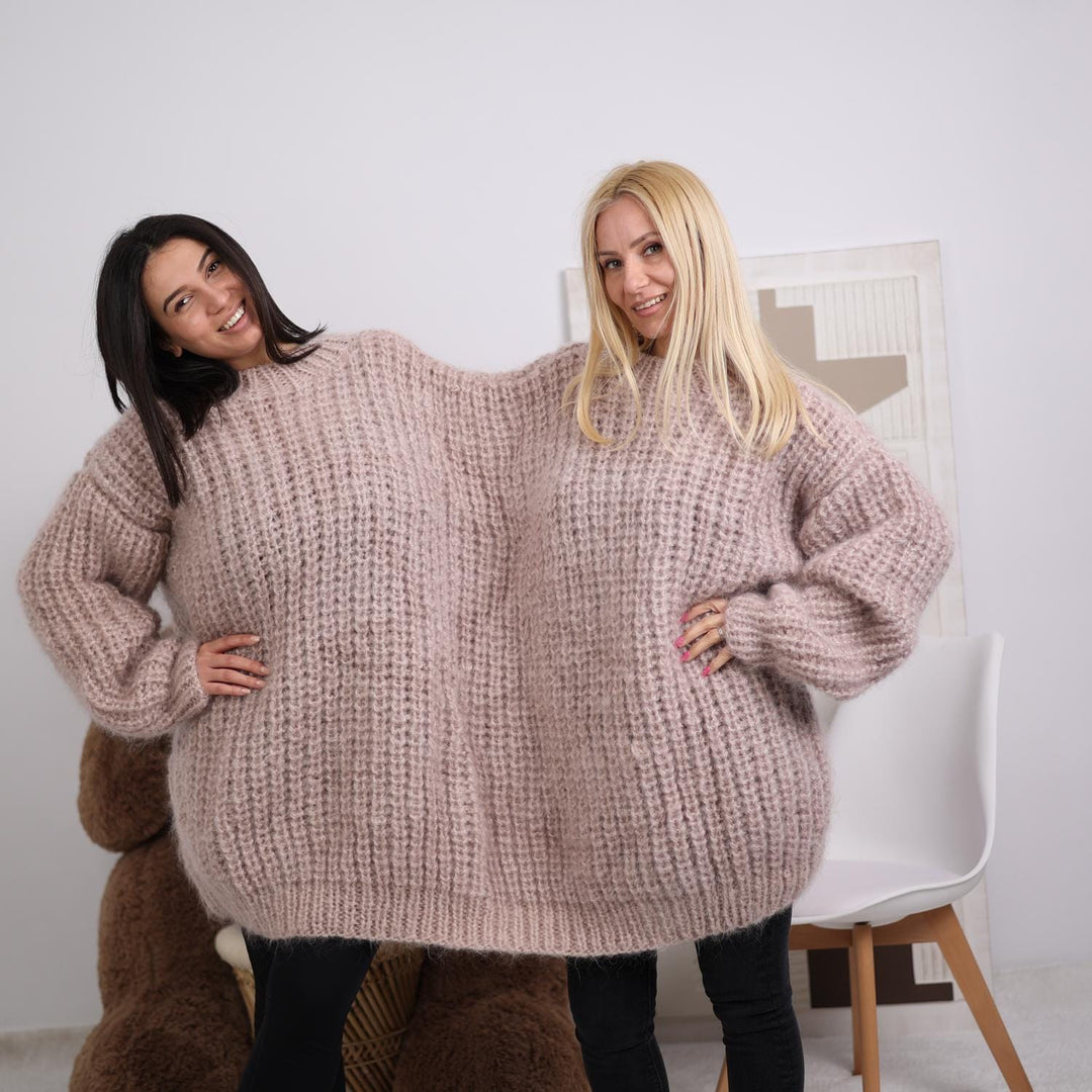 Mohair Sweater for Two – Double Neck Oversized Knit – Hand-Knitted 3-Strand Fluffy Pullover T1844