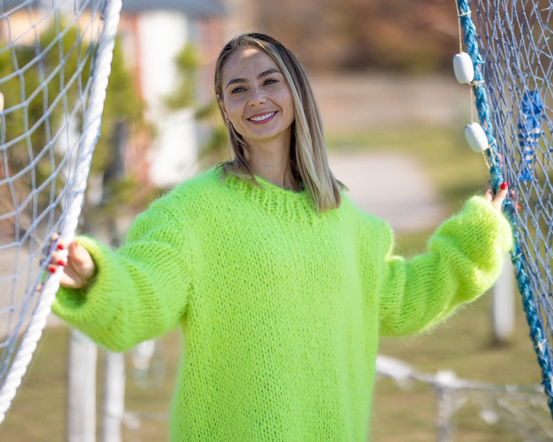 Neon Mohair Sweater – Hand-Knitted Crewneck Jumper T1296