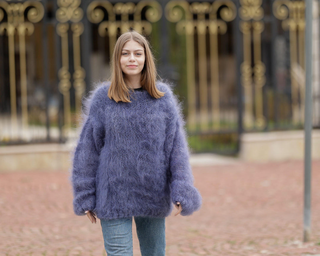 Denim Blue Mohair Sweater – Hand-Knitted Big-Needle Fluffy Transparent Pullover T1370
