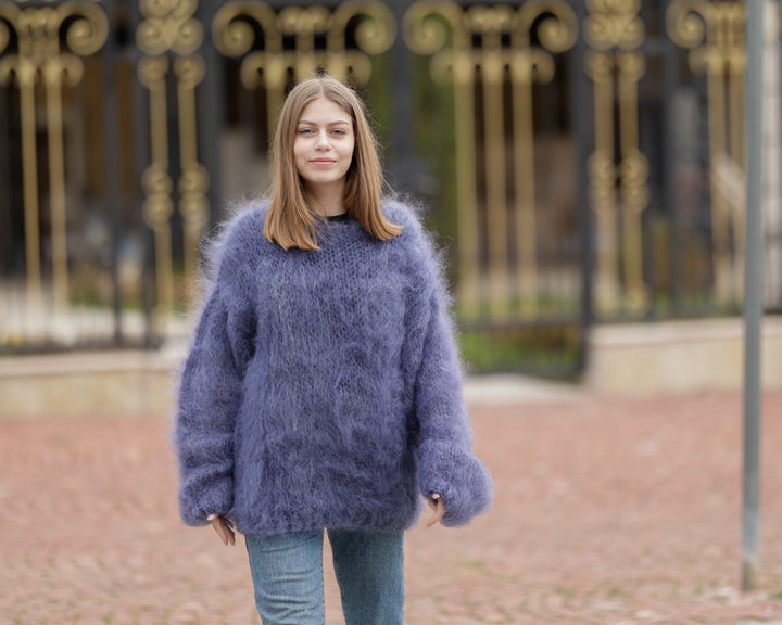 Denim Blue Mohair Sweater – Hand-Knitted Big-Needle Fluffy Transparent Pullover T1370