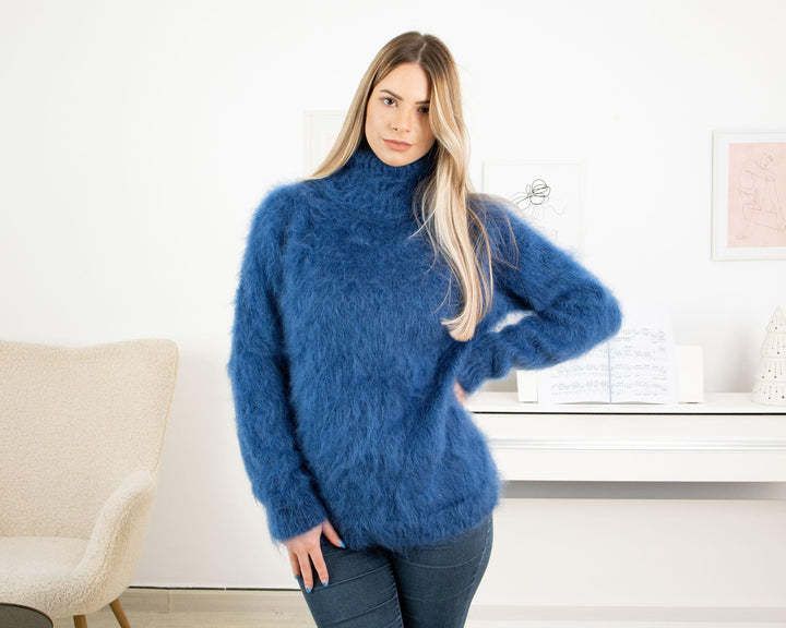 Fluffy Blue Mohair Sweater – Hand-Knitted Soft Warm Turtleneck Pullover T1322