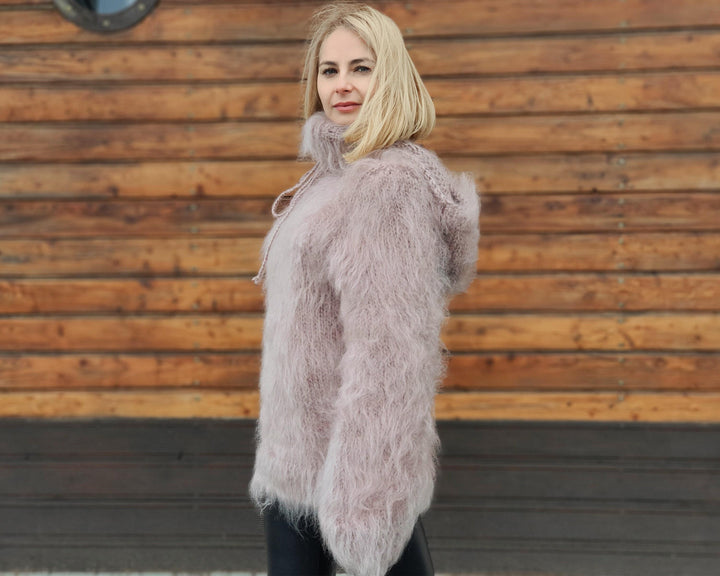 Beige Hooded Mohair Sweater – Hand-Knitted Fluffy Hoody Jumper T945