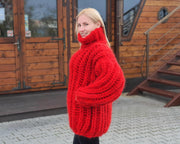 8-fädig grober roter Mohair-Woll-Mix-Pullover – Handgestrickter Pullover T915