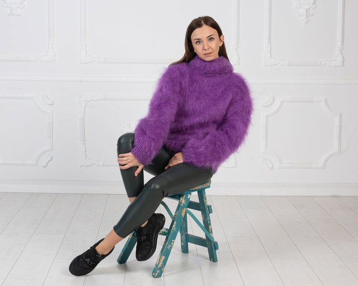 Hand Knitted Purple Mohair Sweater, Chunky Fluffy Turtleneck Jumper, Oversized Warm Pullover T983