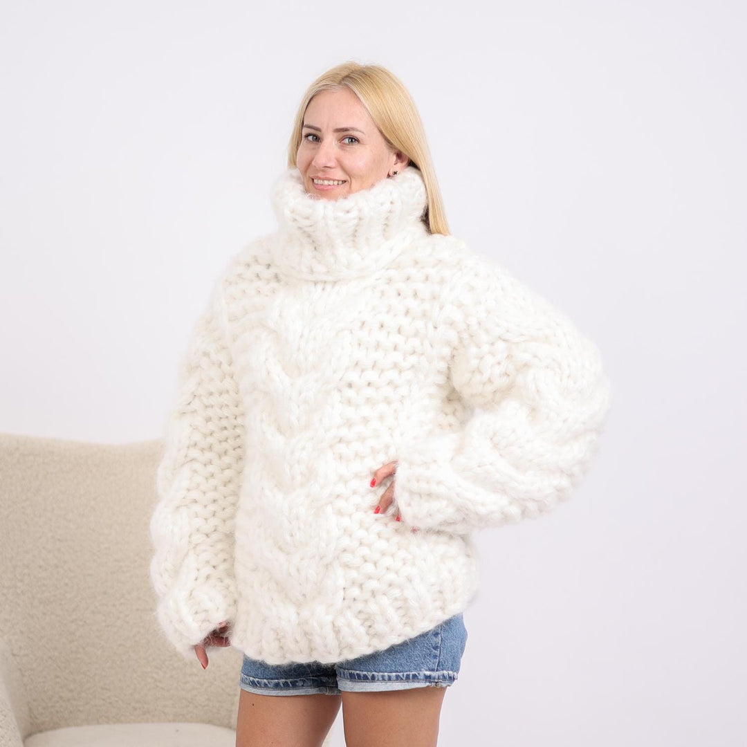 20-Strand Mohair Sweater – Extra Chunky Hand-Knitted Oversized Cable Knit Turtleneck Jumper T1898