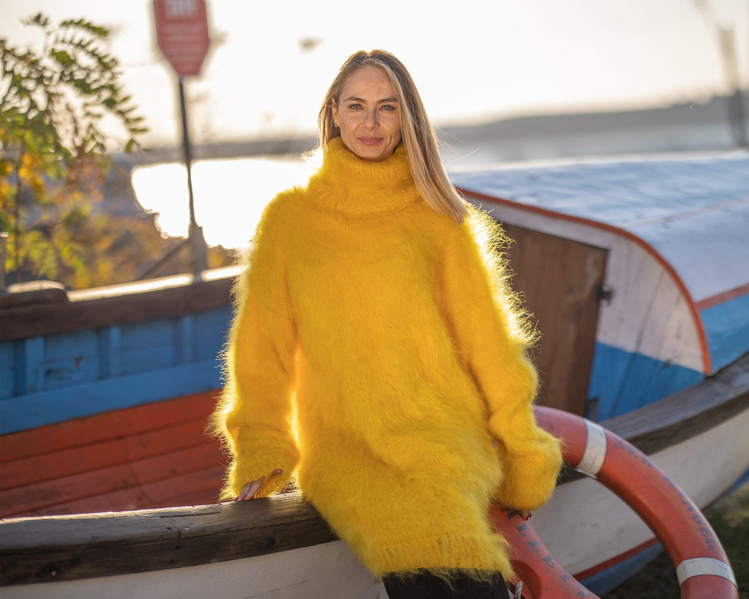 Yellow Mohair Turtleneck Sweater – Hand-Knitted Fluffy Soft Winter Pullover T1294
