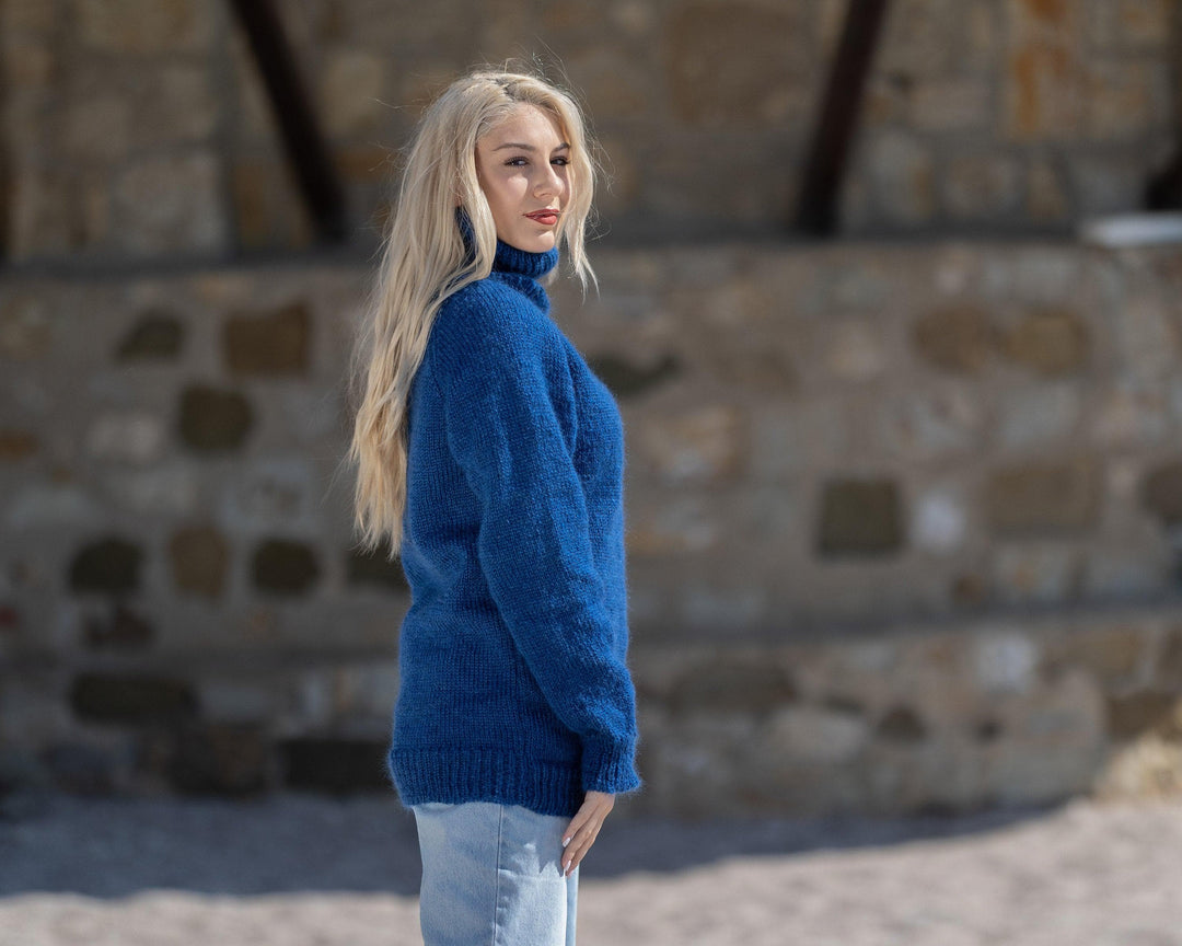 Blue Mohair Turtleneck Sweater – Hand-Knitted Fluffy Soft Winter Pullover T1419