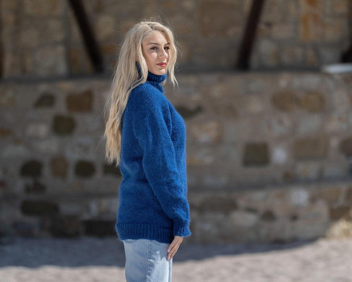 Blue Mohair Turtleneck Sweater – Hand-Knitted Fluffy Soft Winter Pullover T1419