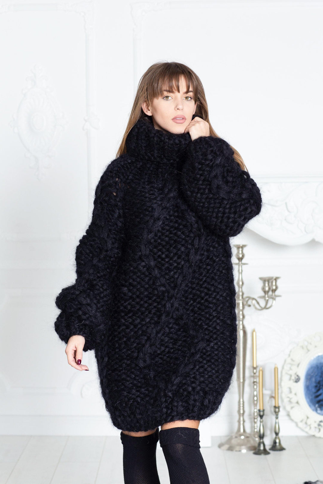 12-Strand Black Mohair Sweater – Hand-Knitted Oversized Cream Turtleneck Pullover T589