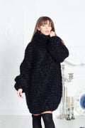 12-Fädiges schwarzes Mohair-Pullover – Handgestrickter Oversized cremefarbener Rollkragenpullover T589