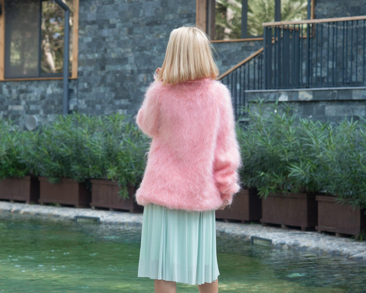 Pink Mohair Turtleneck Sweater, Hand Knitted Fluffy Soft Winter Pullover T831