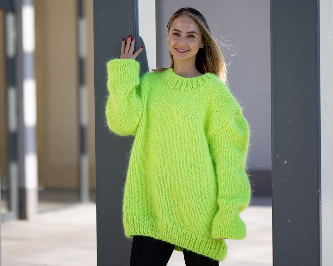 Neon Mohair Sweater – Hand-Knitted Crewneck Jumper T1296