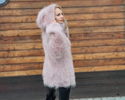 Pull en mohair beige à capuche – Tricoté main, doux et pelucheux T945