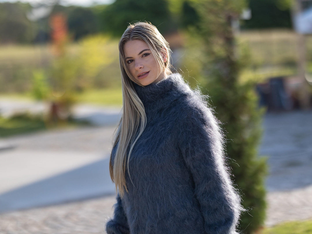 Gray Mohair Turtleneck Sweater – Hand-Knitted Fluffy Soft Winter Pullover T1252