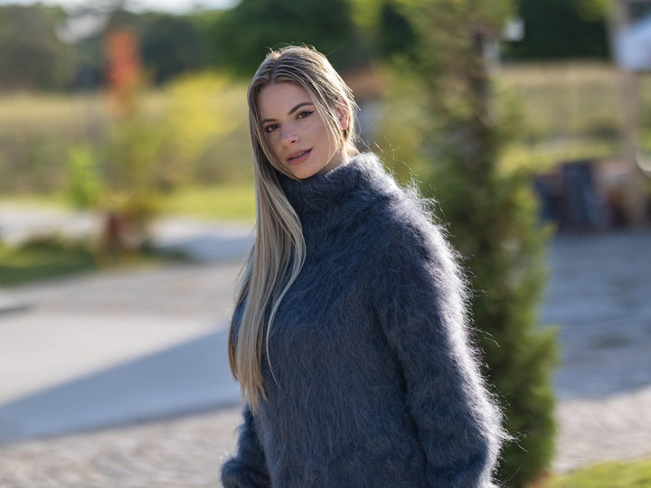 Gray Mohair Turtleneck Sweater – Hand-Knitted Fluffy Soft Winter Pullover T1252