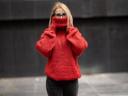 Red 1-Strand Sheer Mohair Turtleneck Sweater T1075