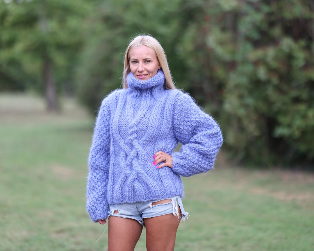 6-Strand Mohair Sweater – Hand-Knitted Cabled Chunky Oversized Pullover T1459