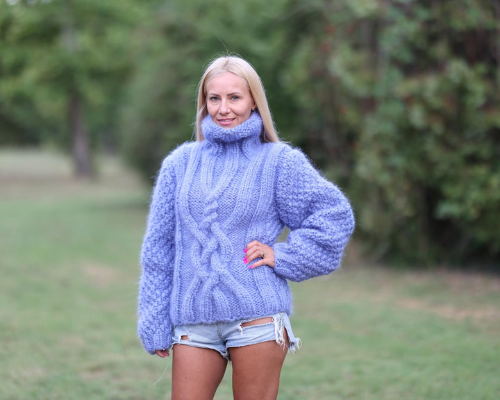 6-Strand Mohair Sweater – Hand-Knitted Cabled Chunky Oversized Pullover T1459