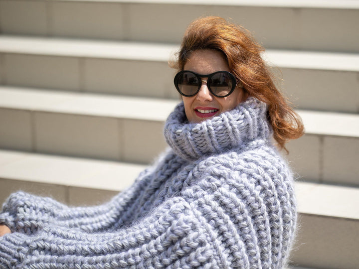 8-Strand Chunky Gray Mohair–Wool Mix Sweater – Hand-Knitted Pullover T1228