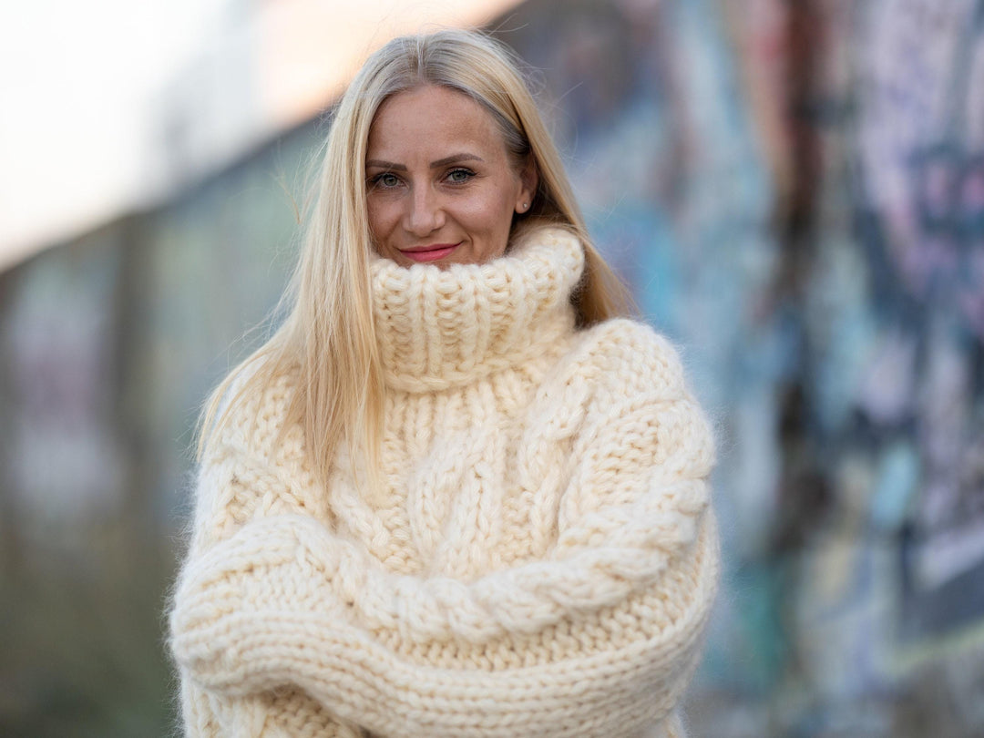 10-Strand Cabled Mohair Sweater – Hand-Knitted Chunky Fuzzy Jumper T1244