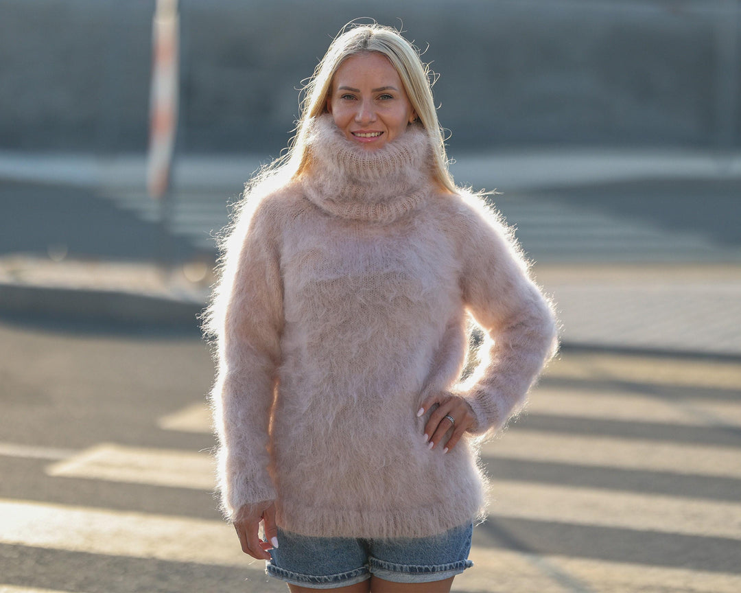 Beige Mohair Turtleneck Sweater – Hand-Knitted Fluffy Soft Winter Pullover T1474