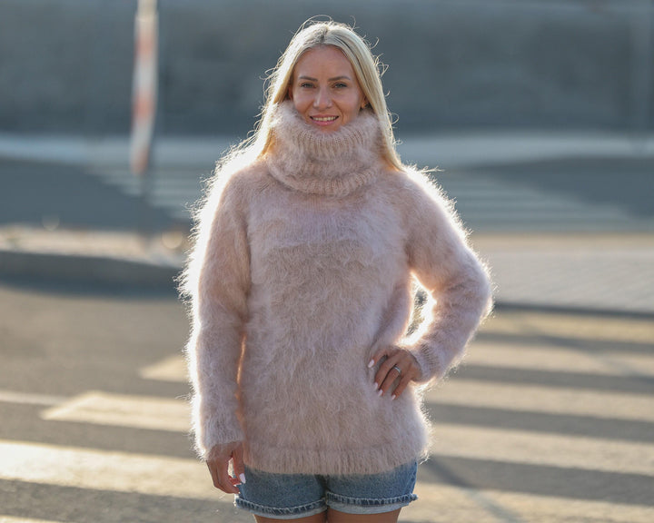 Beige Mohair Turtleneck Sweater – Hand-Knitted Fluffy Soft Winter Pullover T1474