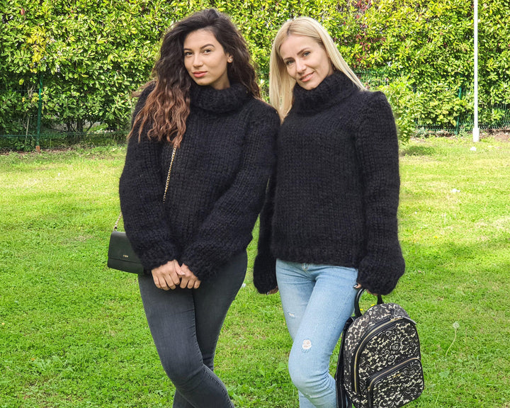 6-Strand Mega Thick Mohair Sweater – Hand-Knitted Fuzzy Unisex Black Pullover T894