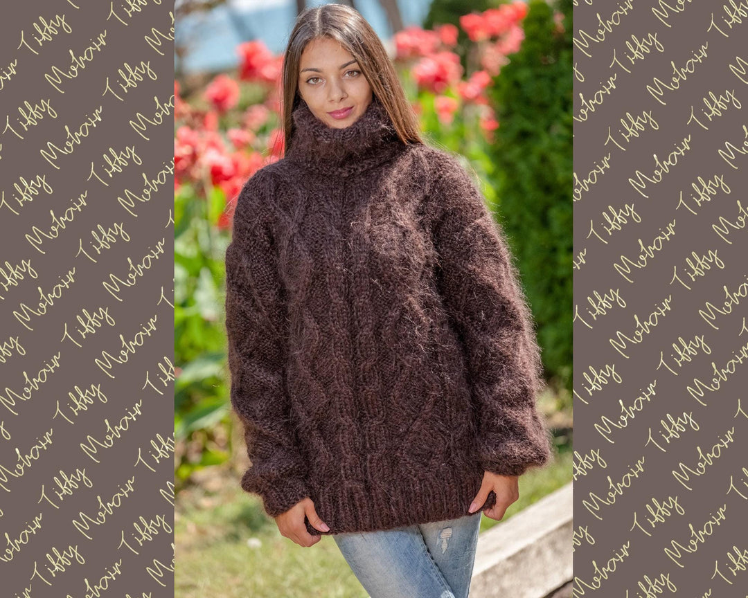 Brown Mohair Sweater – Hand-Knitted Cabled Chunky Oversized Crewneck Pullover T365