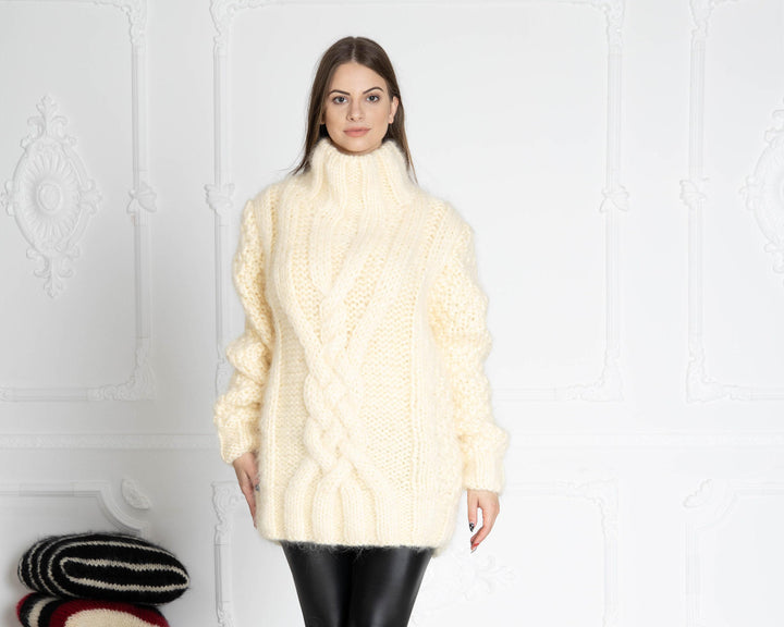 6-Strand Cream Mohair Sweater – Hand-Knitted Cabled Chunky Oversized Pullover T643W