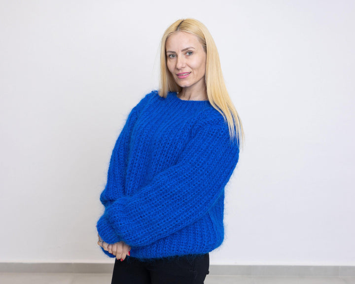 Blue Mohair Sweater – Hand-Knitted Soft Ribbed Thick Oversized Crewneck Pullover T1516