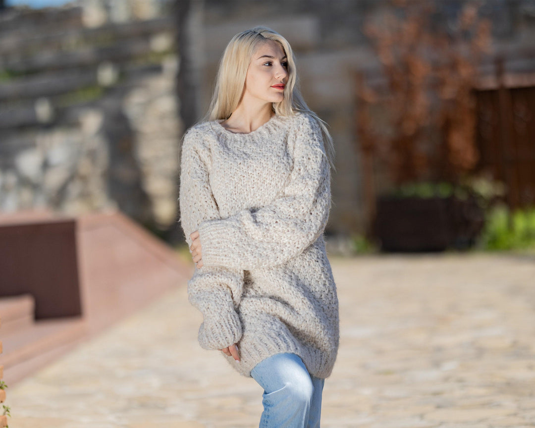 Hand Knitted Beige Sweater in Extrafine Mohair and Lambswool, Rice Knit Jumper T1427