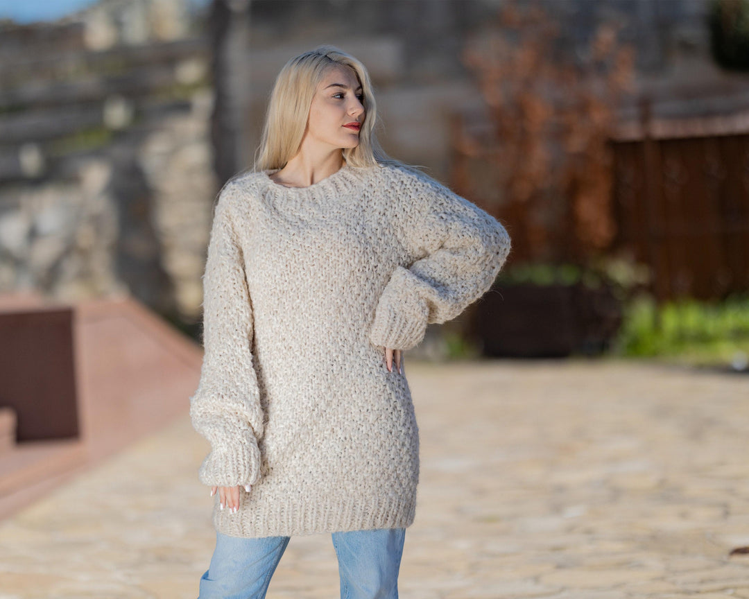 Hand Knitted Beige Sweater in Extrafine Mohair and Lambswool, Rice Knit Jumper T1427