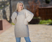 Handgestrickter beiger Pullover aus extrafeinem Mohair und Lammwolle, Reiskorn-Strickpullover T1427