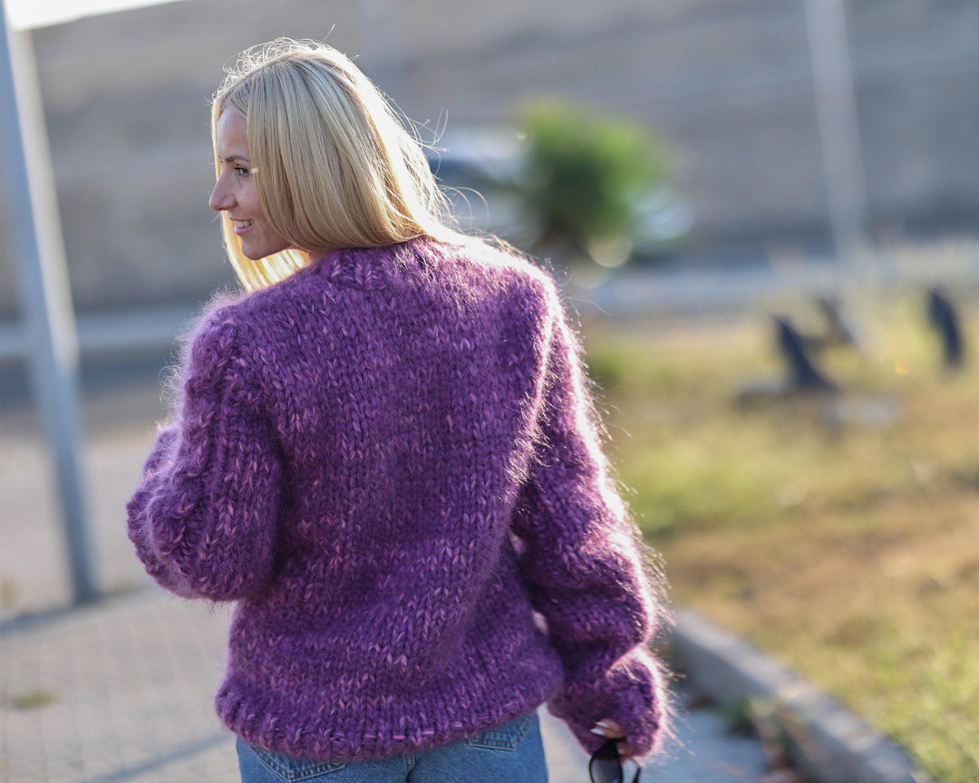 16-Strand Cabled Mohair–Alpaca Mix Sweater – Hand-Knitted Chunky Fuzzy Jumper T1478