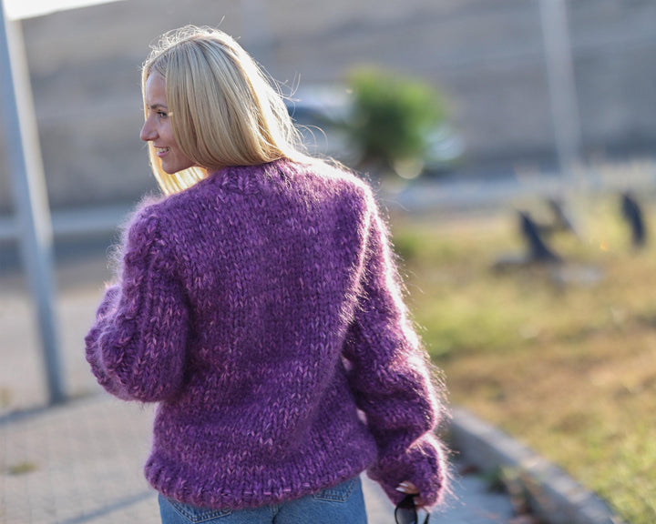 16-Strand Cabled Mohair–Alpaca Mix Sweater – Hand-Knitted Chunky Fuzzy Jumper T1478