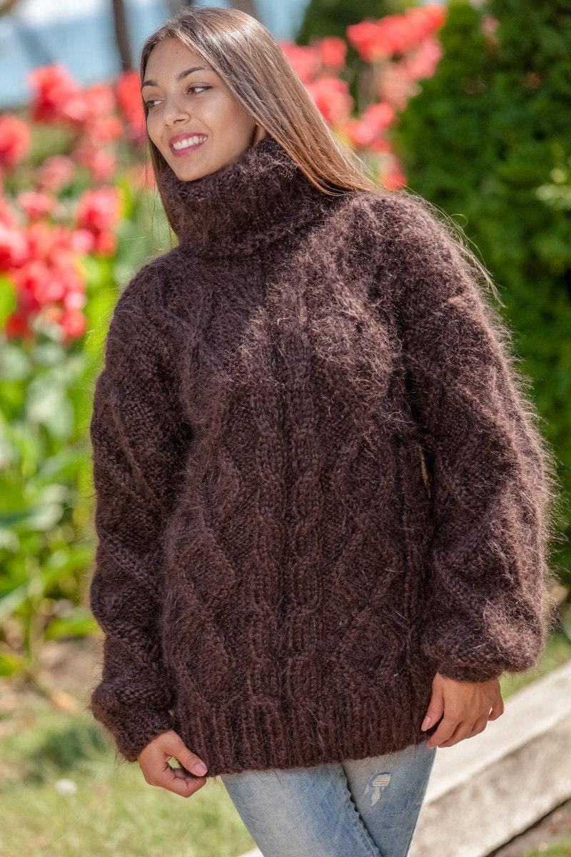 Brown Mohair Sweater – Hand-Knitted Cabled Chunky Oversized Crewneck Pullover T365