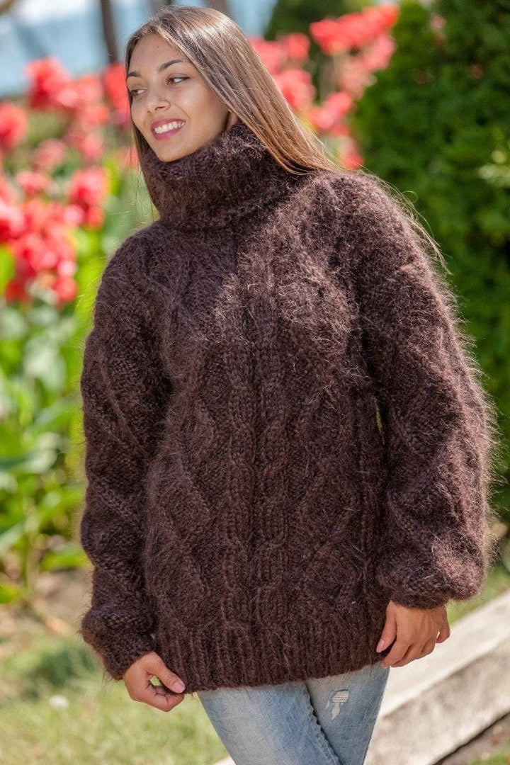 Brown Mohair Sweater – Hand-Knitted Cabled Chunky Oversized Crewneck Pullover T365