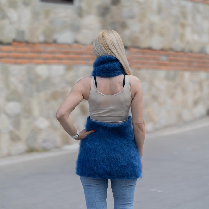 Hand-Knitted Blue Mohair Fuzzy Top with High Neck – Soft Fluffy Sleeveless Sweater Vest T1859