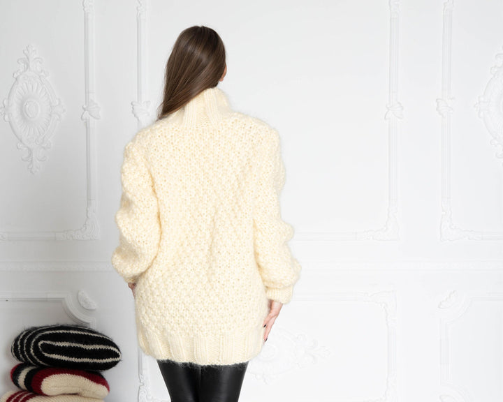6-Strand Cream Mohair Sweater – Hand-Knitted Cabled Chunky Oversized Pullover T643W