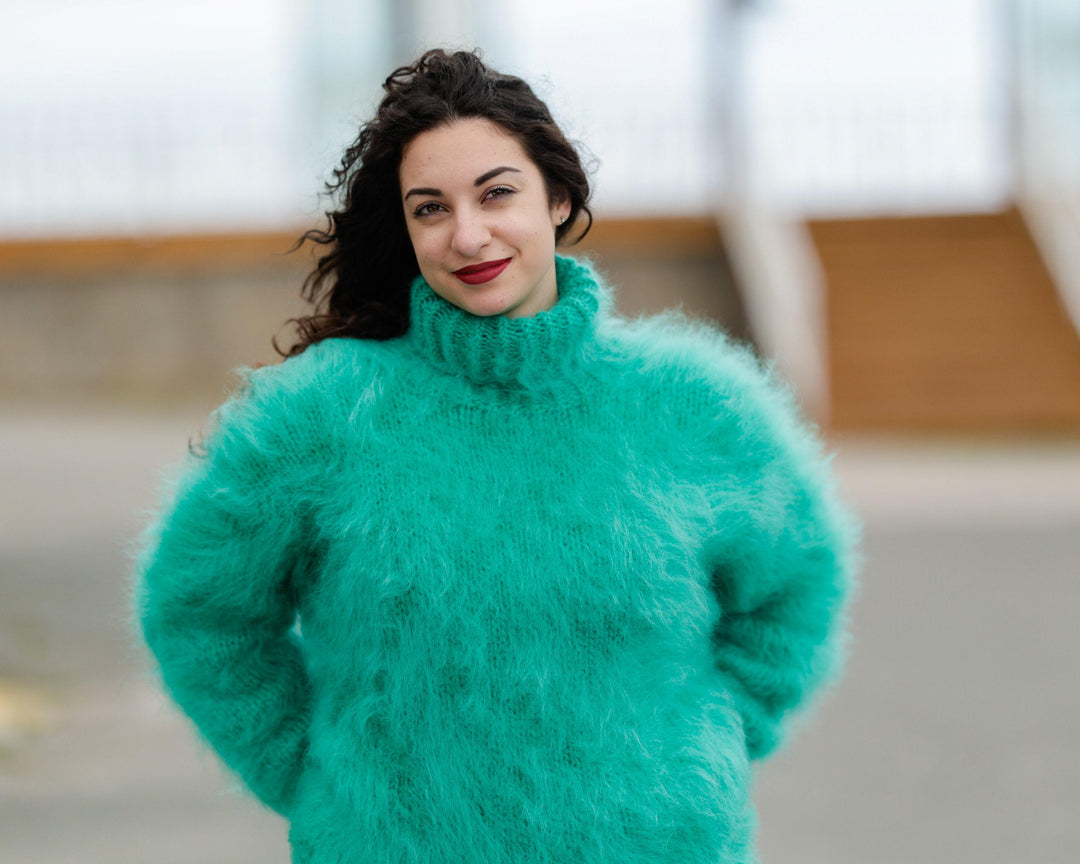 Hand Knitted Green Mohair Sweater, Chunky Fluffy Turtleneck Jumper, Warm Pullover T1398