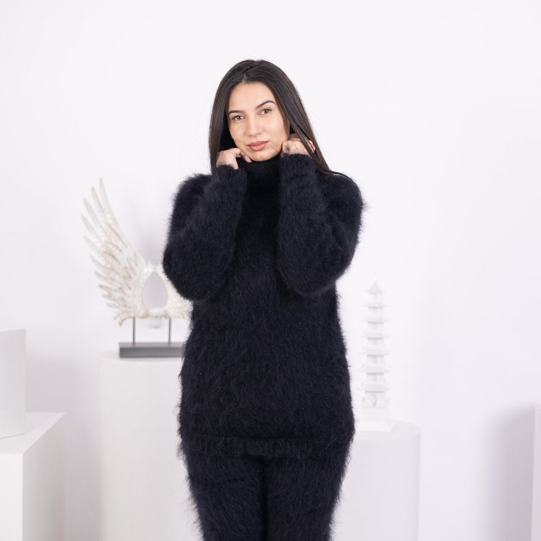 Black Mohair Turtleneck Sweater – Hand-Knitted Fluffy Soft Winter Pullover T1589