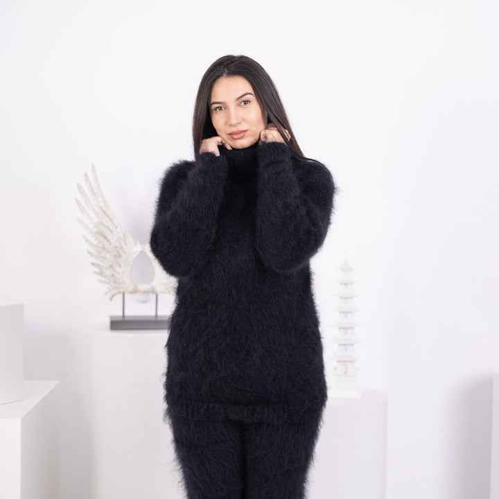 Black Mohair Turtleneck Sweater – Hand-Knitted Fluffy Soft Winter Pullover T1589