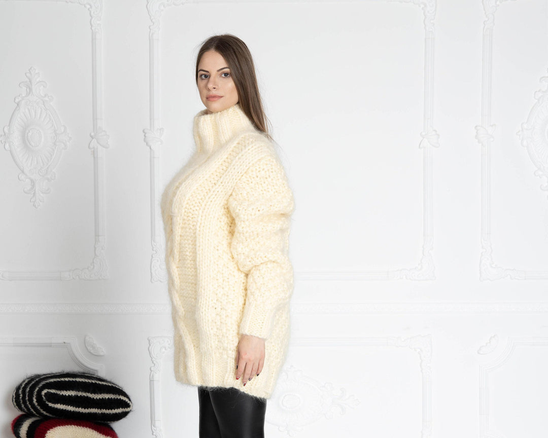 6-Strand Cream Mohair Sweater – Hand-Knitted Cabled Chunky Oversized Pullover T643W