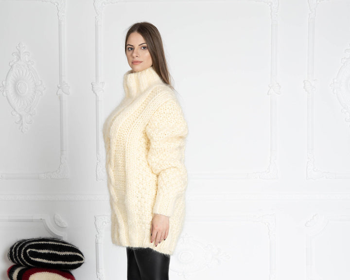 6-Strand Cream Mohair Sweater – Hand-Knitted Cabled Chunky Oversized Pullover T643W