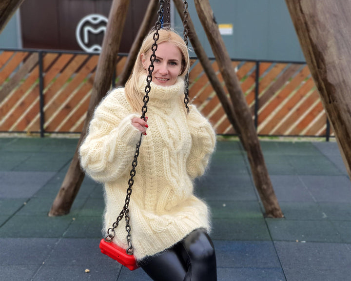 5-Strand Cream Mohair Sweater – Hand-Knitted Cabled Chunky Oversized Pullover T942