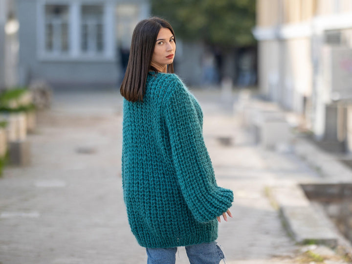 Green Mohair Sweater – Hand-Knitted Soft Crewneck Pullover T1154