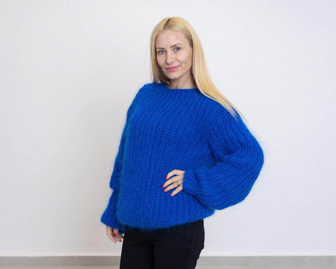 Blue Mohair Sweater – Hand-Knitted Soft Ribbed Thick Oversized Crewneck Pullover T1516