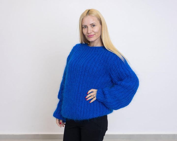 Blue Mohair Sweater – Hand-Knitted Soft Ribbed Thick Oversized Crewneck Pullover T1516